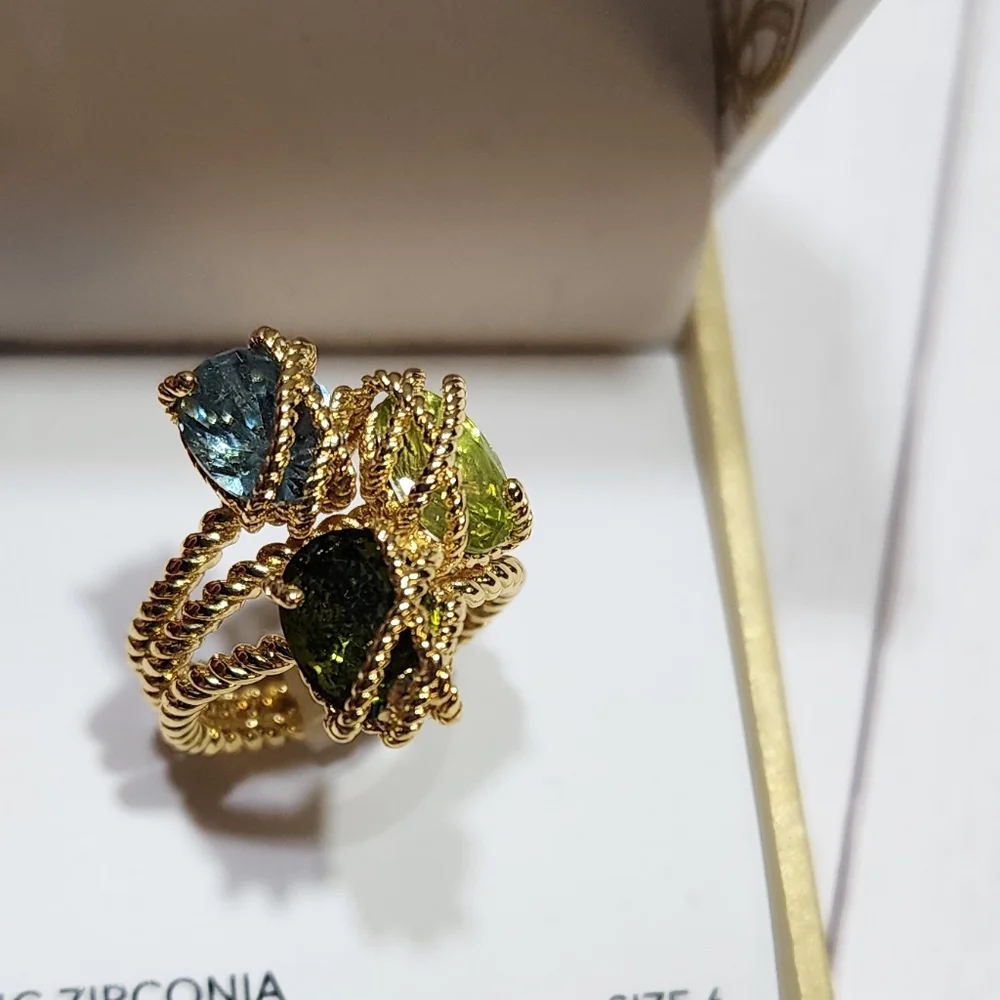 Charter Club Gold Plated Blue Green &Dark Green Cubic Zirconia 3 Stone Ring New